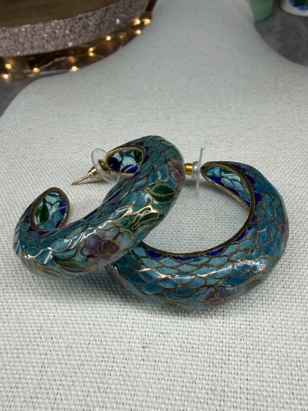 Plique A Jour Cloisonné Hoop Earrings Stained Glass Jewelry Glass Vintage Rare
